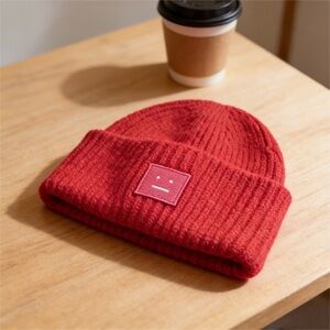 Acne Red Ribbed Wool Beanie with Face Patch